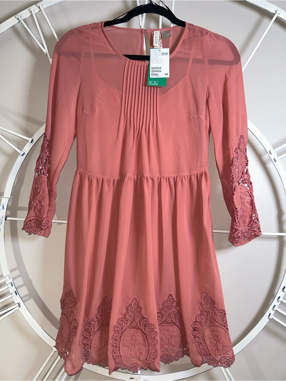 NWT H&M Divided Coral Lace-Trim Cutout Pleated Dress